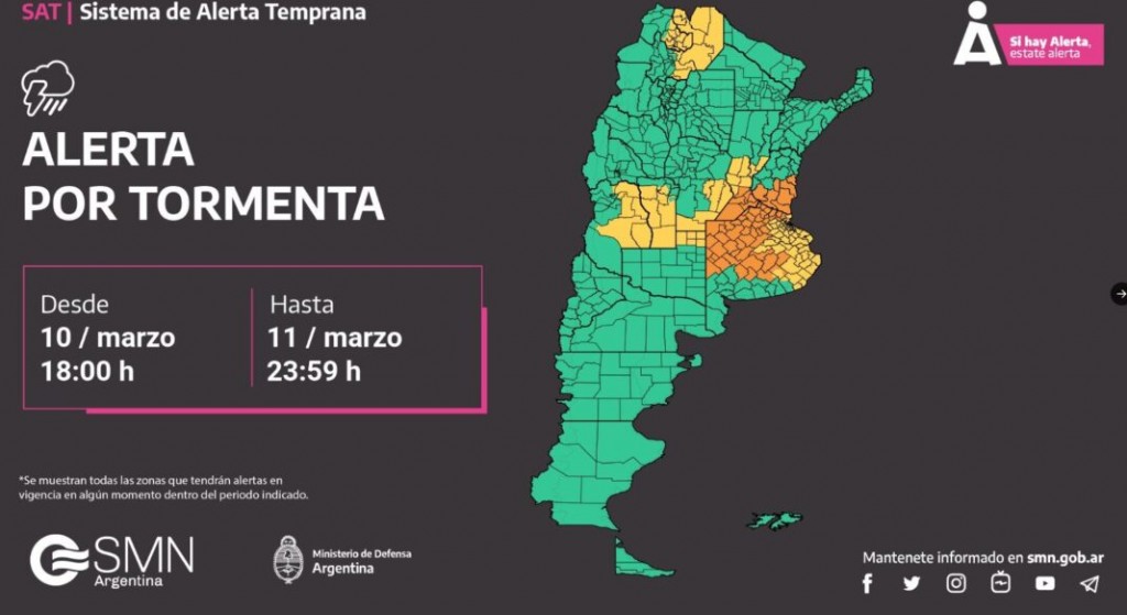 Tormentas: alertas amarilla y naranja para casi toda la provincia de Buenos Aires incluida Olavarría