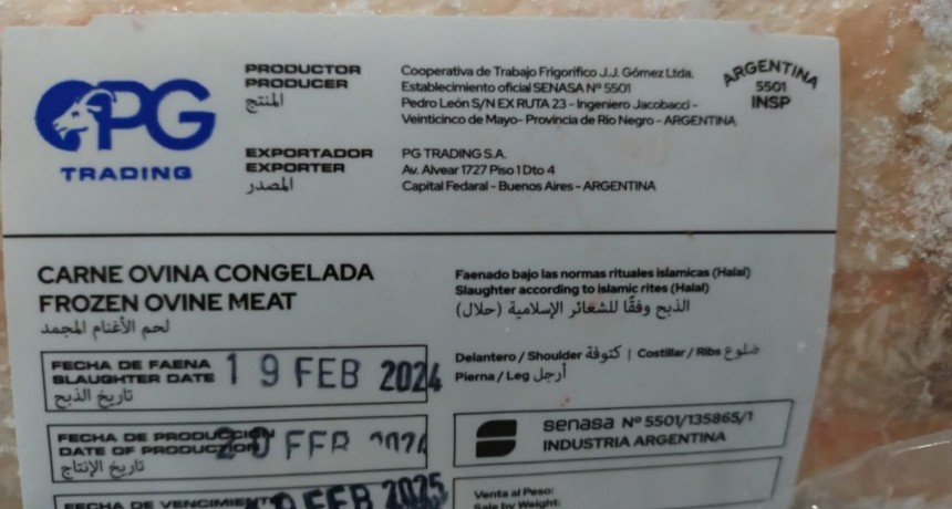 Certificaci&oacute;n del primer env&iacute;o de 19 toneladas de carne ovina desde R&iacute;o Negro hacia Qatar