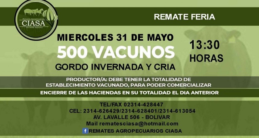 El s&aacute;bado 13 de mayo se realiza un nuevo remate de Ciasa S.A.