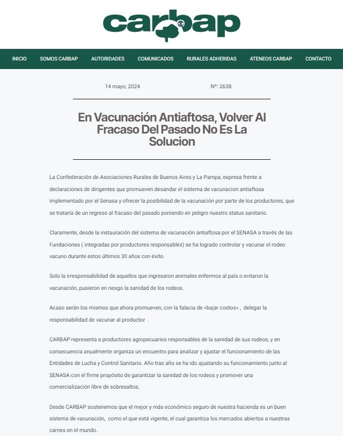 Carbap rechazó que se suspenda el sistema de vacunación antiaftosa del Senasa: “Es volver al fracaso del pasado”
