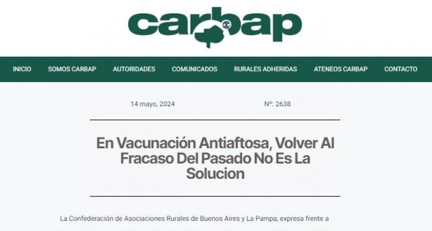 Carbap rechaz&oacute; que se suspenda el sistema de vacunaci&oacute;n antiaftosa del Senasa: &ldquo;Es volver al fracaso del pasado&rdquo;