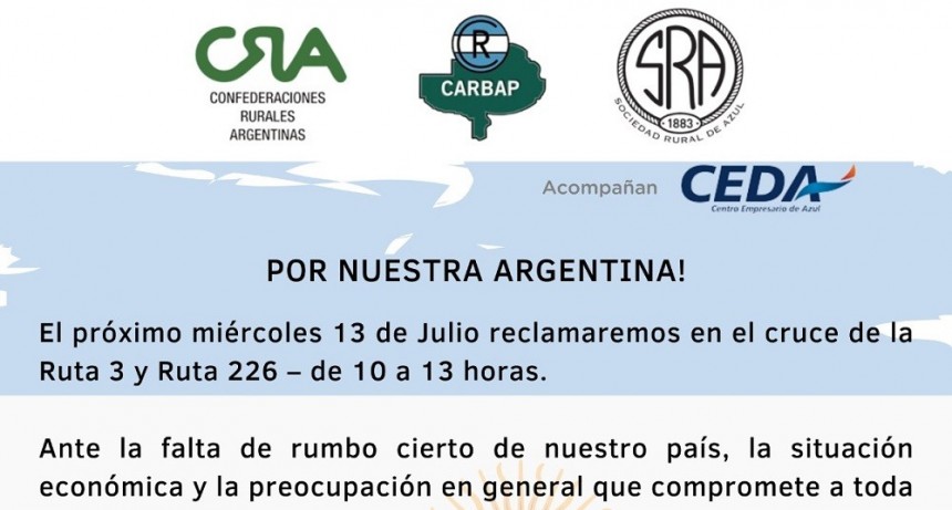 Desde la Sociedad Rural de Azul invitan al campo a la protesta de este mi&eacute;rcoles
