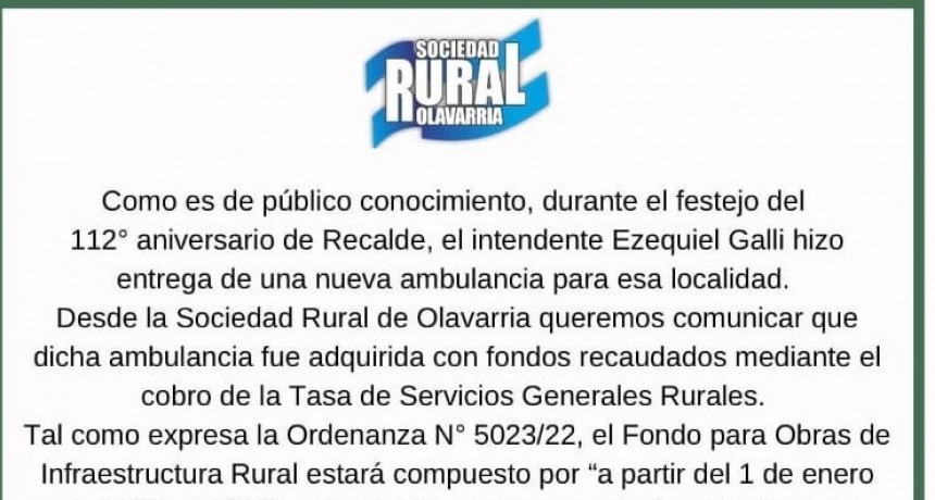 La Sociedad Rural inform&oacute; que la ambulancia de Recalde se financi&oacute; con la Tasa de Servicios Rurales