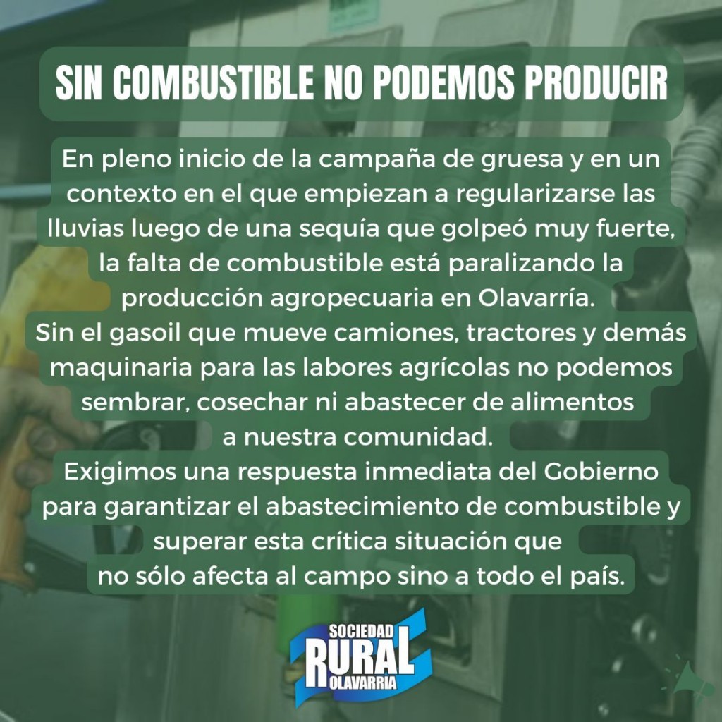 La Rural de Olavarría reclama por la falta de gas oil
