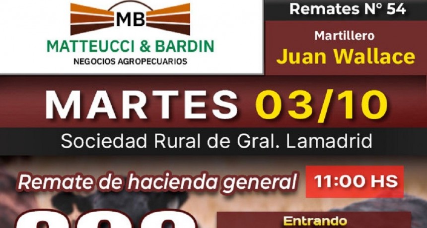 Este martes realiza remate la firma Matteucci y Bardin